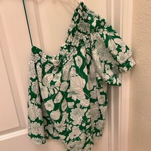 J. Crew green floral one shoulder blouse M